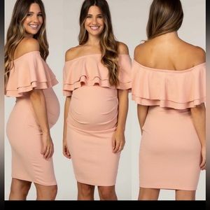 Pink Blush Peach Off Shoulder Fitted Maternity Dress